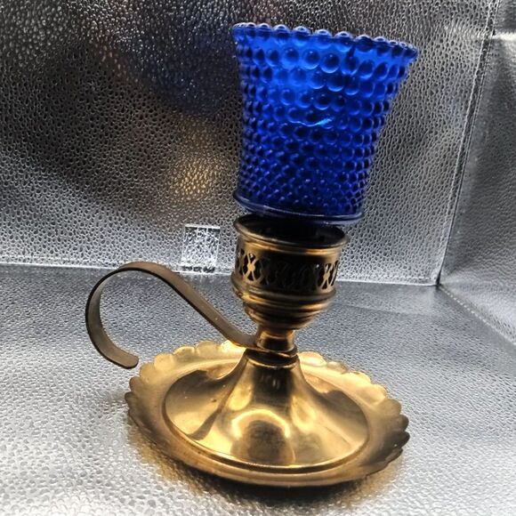 Pair of Vintage Brass Candlestick Holders & Blue Hobnail Glass Hurricane Shades - Picture 8 of 12